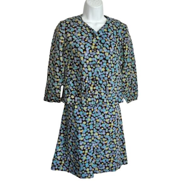 Vintage 70s Floral Blue Purple Gray Business Blazer Skirt Suit XS Susan Petites - Picture 1 of 9